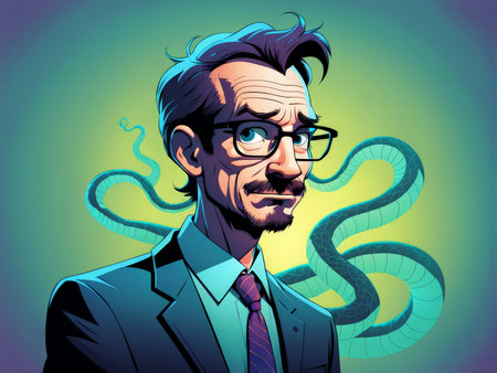 cartoon illustration of an old male in a green shirt and glasses.の素材