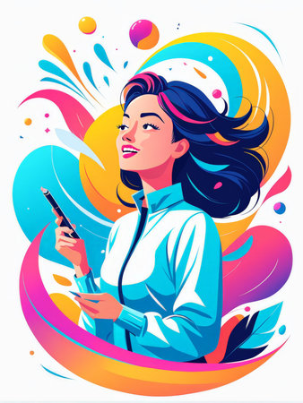 young female artist painting with brush in paint.の素材