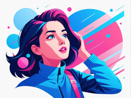 young woman in a suit and headphones.の素材