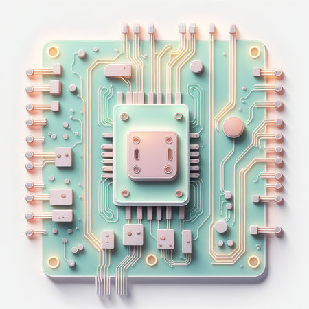 microchip with circuit board on color background. 3d image.の素材