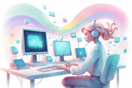 woman using laptop computer, internet technology concept, illustration of virtual reality, vector cartoon characterの素材