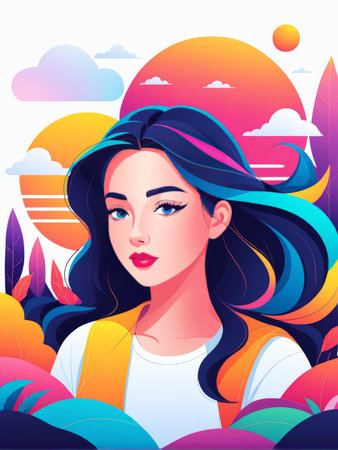 vector illustration of beautiful girl with colorful hairの素材