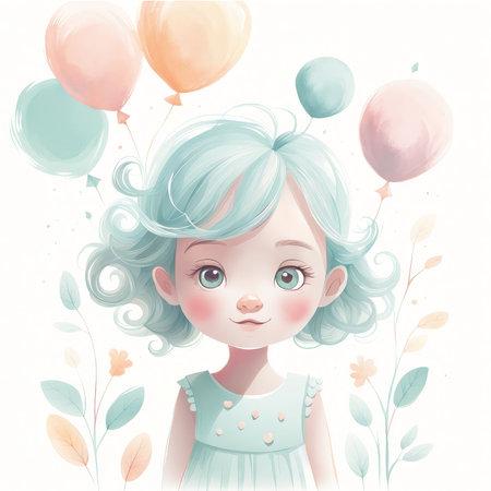 watercolor illustration of a little girl in dress.の素材