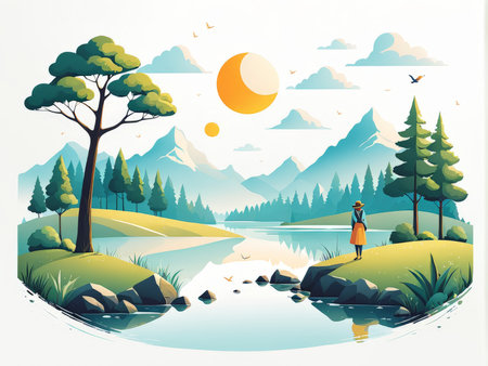 beautiful landscape with a girl, man, girl and backpack, dog in the mountains. vector illustration.の素材