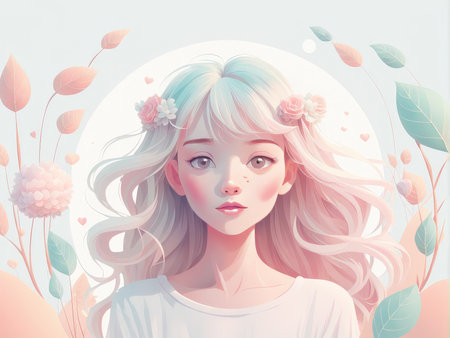 young woman in floral wreath with flowers.の素材