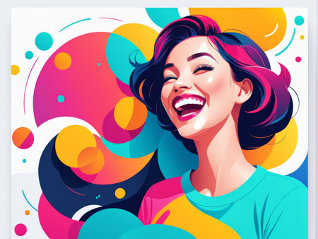 happy young woman in headphones listening music on music, vector illustrationの素材