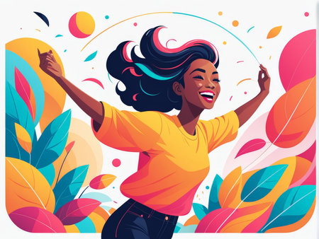 happy african woman dancing and having fun with musicの素材