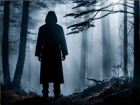 mysterious dark forest with a manの素材