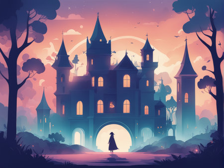 halloween castle with witch in forest. spooky castle, and background. party, conceptの素材