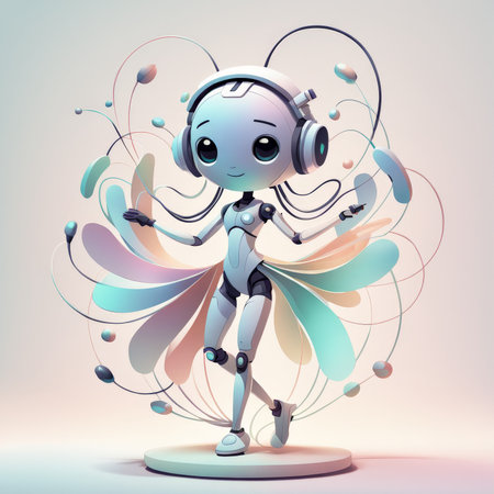 cute girl in pink dress dancing headphones with headphones.の素材