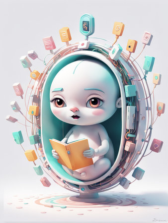 cartoon baby in a white suit with big eyes. 3d illustrationの素材