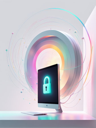 lock with laptop and smartphone a icon on the screen. cyber security concept. 3d .の素材