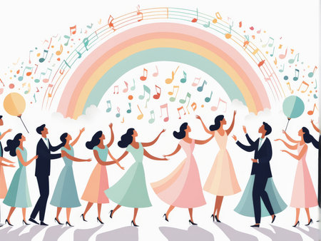 happy family playing with rainbow, flat vector illustration.の素材