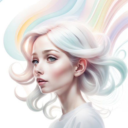 beautiful woman in white wig with colorful rainbow hair.の素材