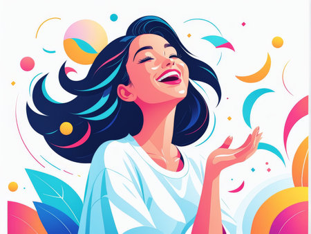 happy girl with a rainbow and her head.の素材