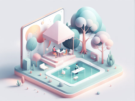 3d illustration of modern digital office desk, tablet pc, computer screen. concept marketing and internet technologies.の素材