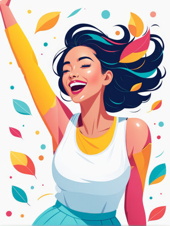 happy young woman dancing with colorful confettiの素材