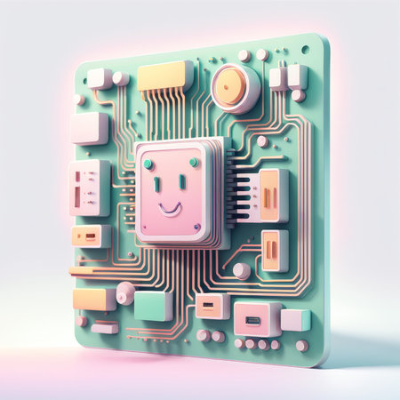 3d image. computer motherboard with chip on a pink background. high resolution image.の素材