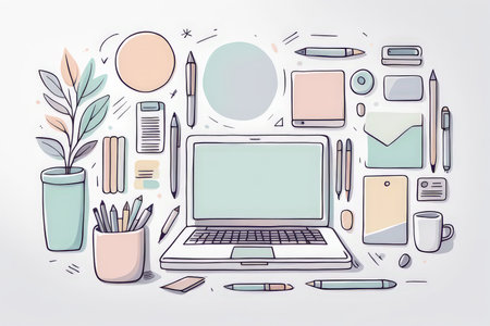 office workplace with laptop, stationary and stationery items, top view. vector illustrationの素材