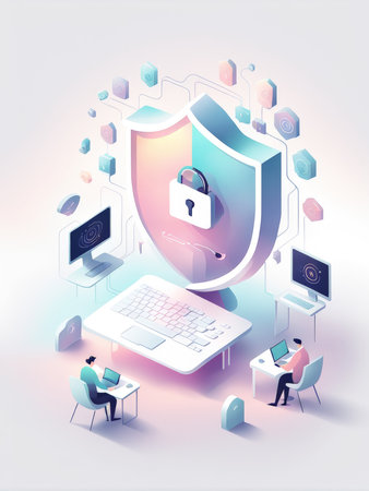 isometric vector illustration of a laptop with lock and shield. concept security.の素材
