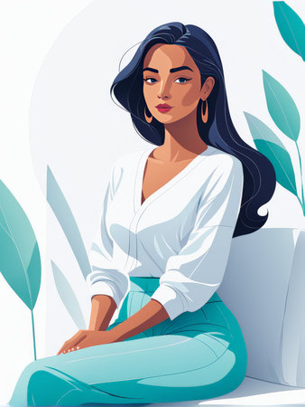 young woman with long brown hair sitting on the sofa and looking away, flat cartoon illustration.の素材