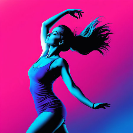 beautiful young woman dancing on a pink background. neon light. conceptual art. fashion, magazine, magazine. 3d illustrationの素材