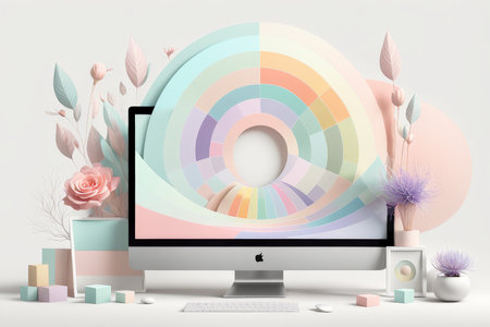 3d image of computer keyboard with colorful rainbow flowers on a pink backgroundの素材