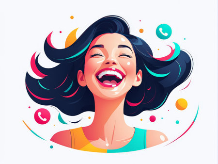 happy girl laughing, young woman, vector flat illustrationの素材
