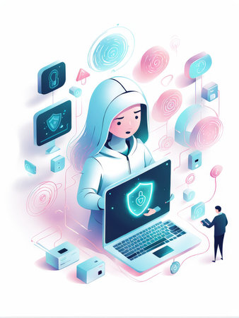 hacker with laptop. attack, cyber security concept. vector illustrationの素材