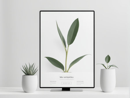 mockup of white frame in a modern with plant and the interior on background.の素材