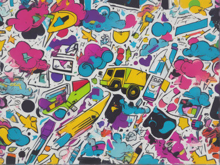 colorful school supplies on a black background, seamless patternの素材