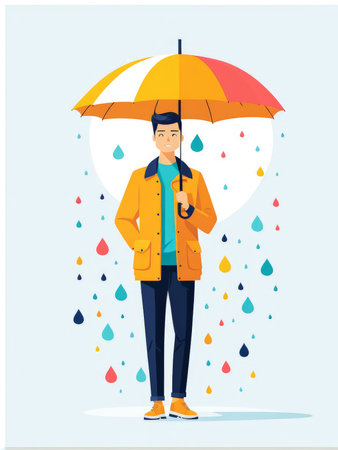 man with umbrella in rainの素材
