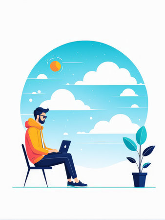 man sitting on laptop and looking at the internet, freelance concept. vector illustration in flat style.の素材