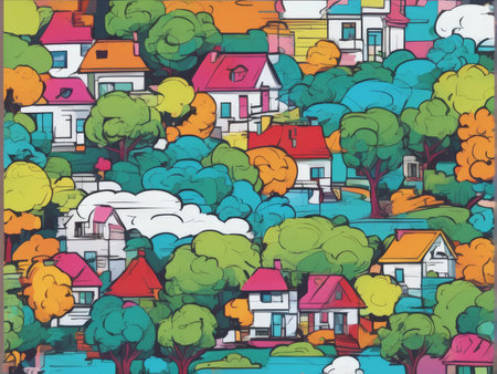 colorful city landscape with houses and treesの素材