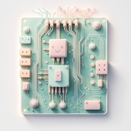 a white computer motherboard on blue background. 3d image.の素材