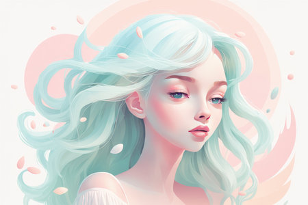 vector illustration of a girl with beautiful hair and flowersの素材