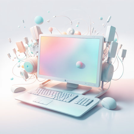 creative 3d image illustration of modern laptop with abstract colorful world map on background.の素材