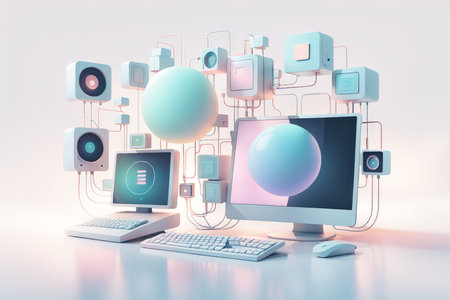 modern computer display with a digital and white mouse.の素材