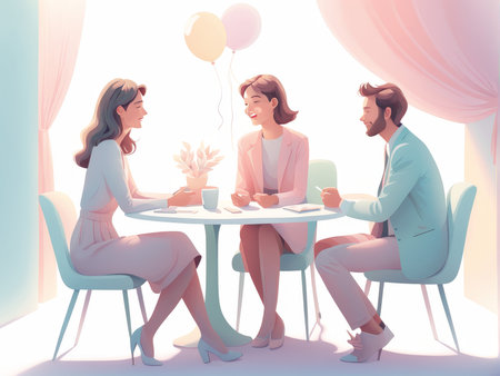 people in cafe. young man and woman the restaurant. vector flat illustration.の素材