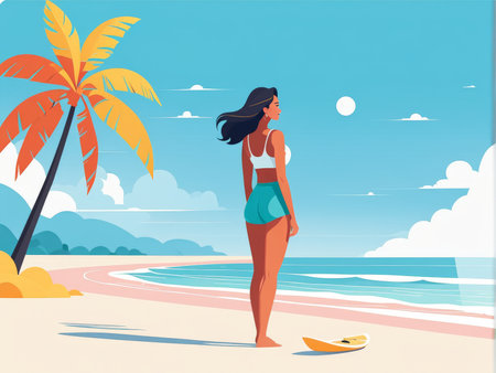 woman in bikini on beach. summer vacation. vector illustrationの素材