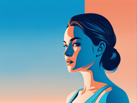 woman with blue hair and eyes in a red dress.の素材