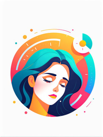 beautiful young woman in abstract colorful shapesの素材