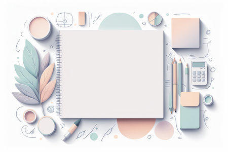 3d image of a blank white notebook, paper sheet, pen, pencil, eraser, pencil.の素材