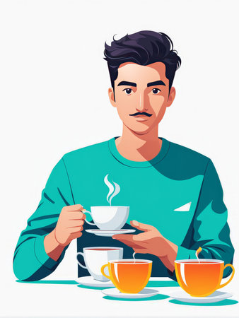 young man with cup of tea. vector illustration.の素材
