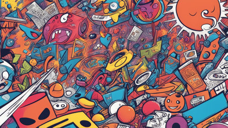 cartoon cute funny robot drawn on the wall. colorful, detailed lots of objects and objects. funny.の素材
