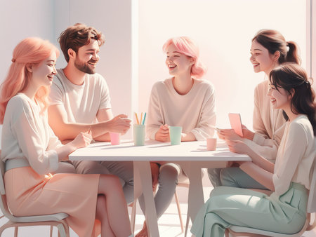 happy friends sitting in cafe, talking and drinking tea. people, friendship happiness concept.の素材