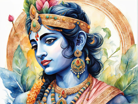 watercolor painting of god lord krishna in indian templeの素材