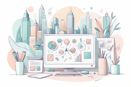 modern workplace with computer and laptop. office supplies.の素材