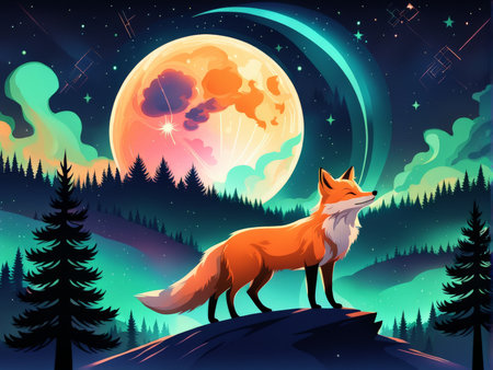 illustration of a fox with moonの素材