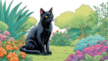 black cat in a garden with red flowers, vector illustration.の素材